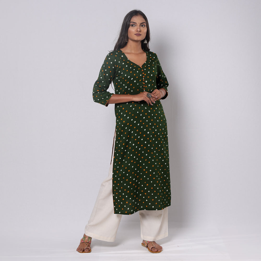 Olive Green - Bandhani Tie-dye Cotton Long Straight Kurta