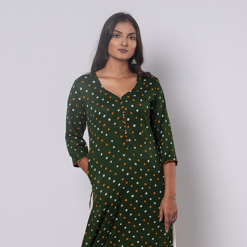 Olive Green - Bandhani Tie-dye Cotton Long Straight Kurta