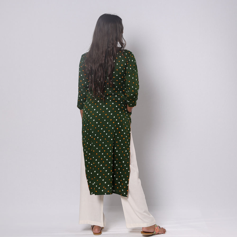 Olive Green - Bandhani Tie-dye Cotton Long Straight Kurta