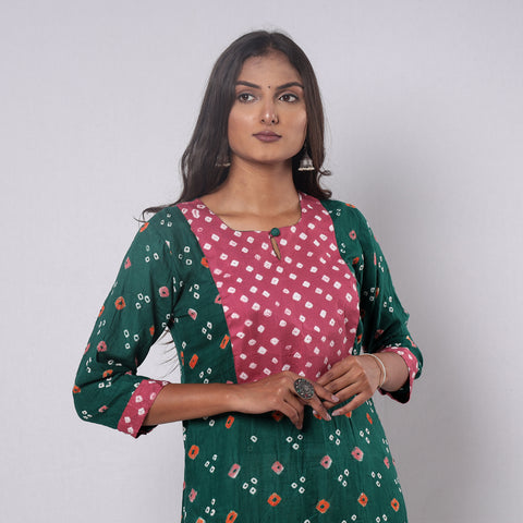 Green - Bandhani Tie-dye Cotton Long Straight Kurta