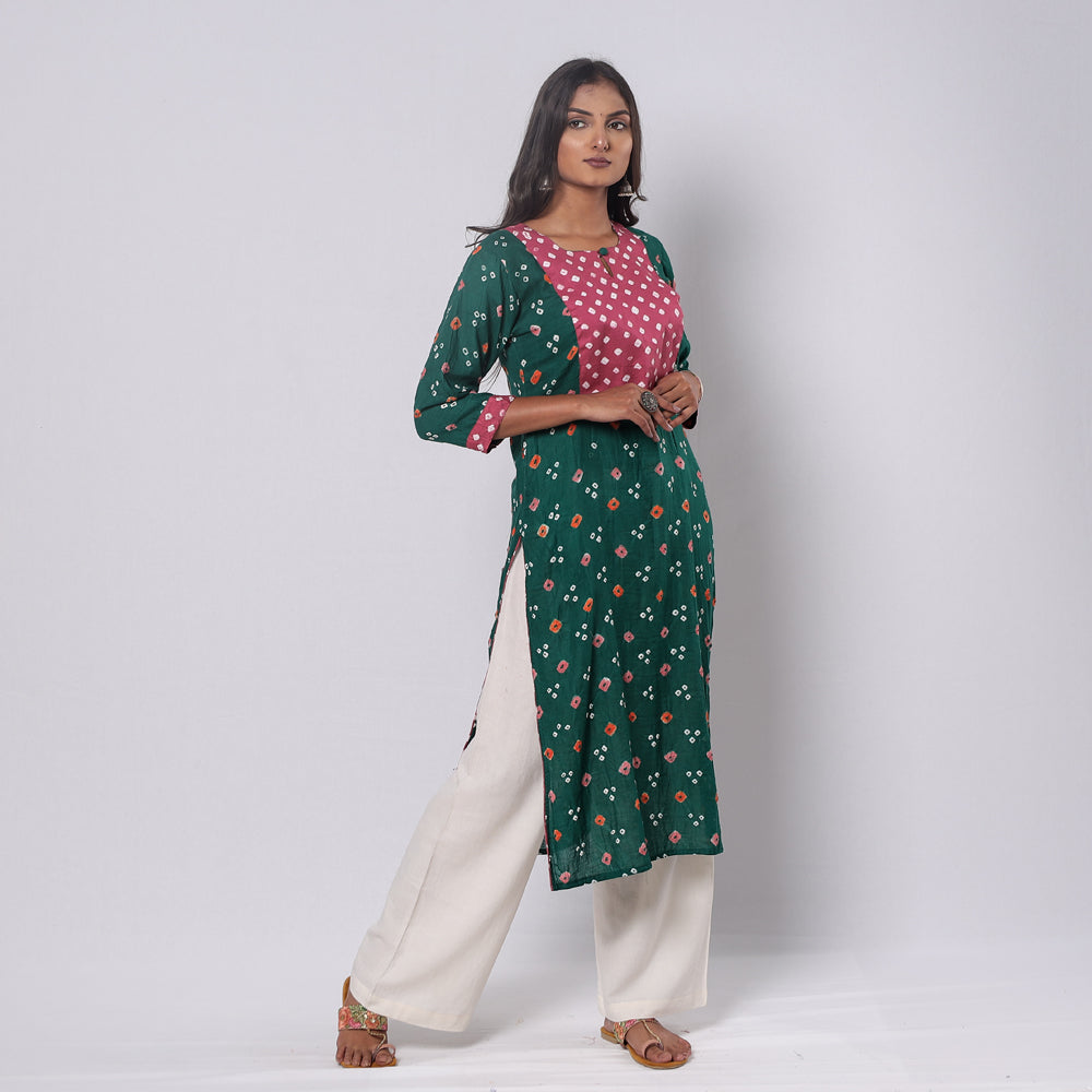 Green - Bandhani Tie-dye Cotton Long Straight Kurta