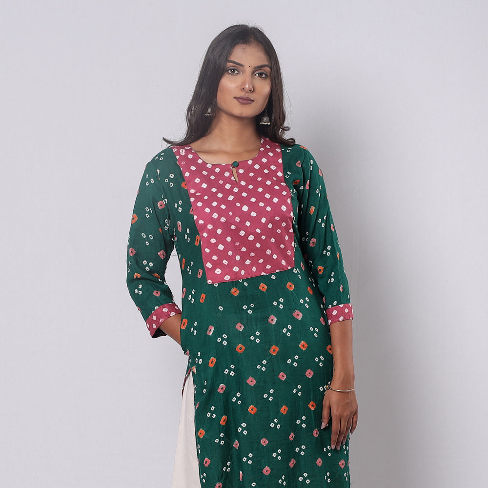 Green - Bandhani Tie-dye Cotton Long Straight Kurta