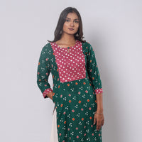 Green - Bandhani Tie-dye Cotton Long Straight Kurta