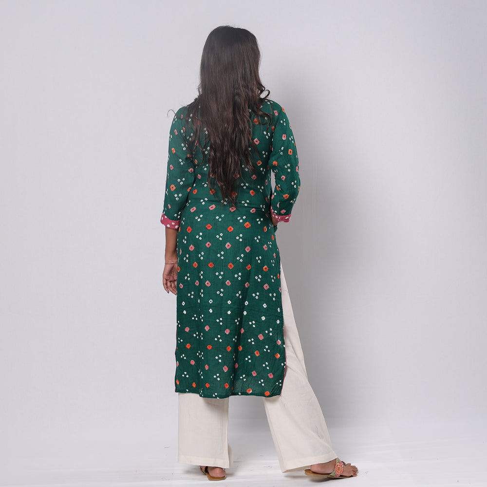 Green - Bandhani Tie-dye Cotton Long Straight Kurta