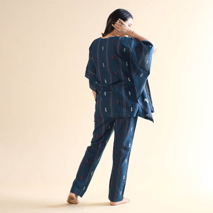Midnight Green Jacquard Cotton Kaftan & Pyjama Night Suit Set