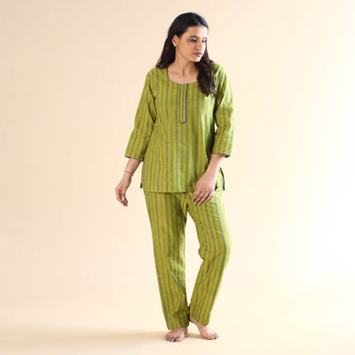 Yellow Green Jacquard Cotton Top & Pyjama Night Suit Set