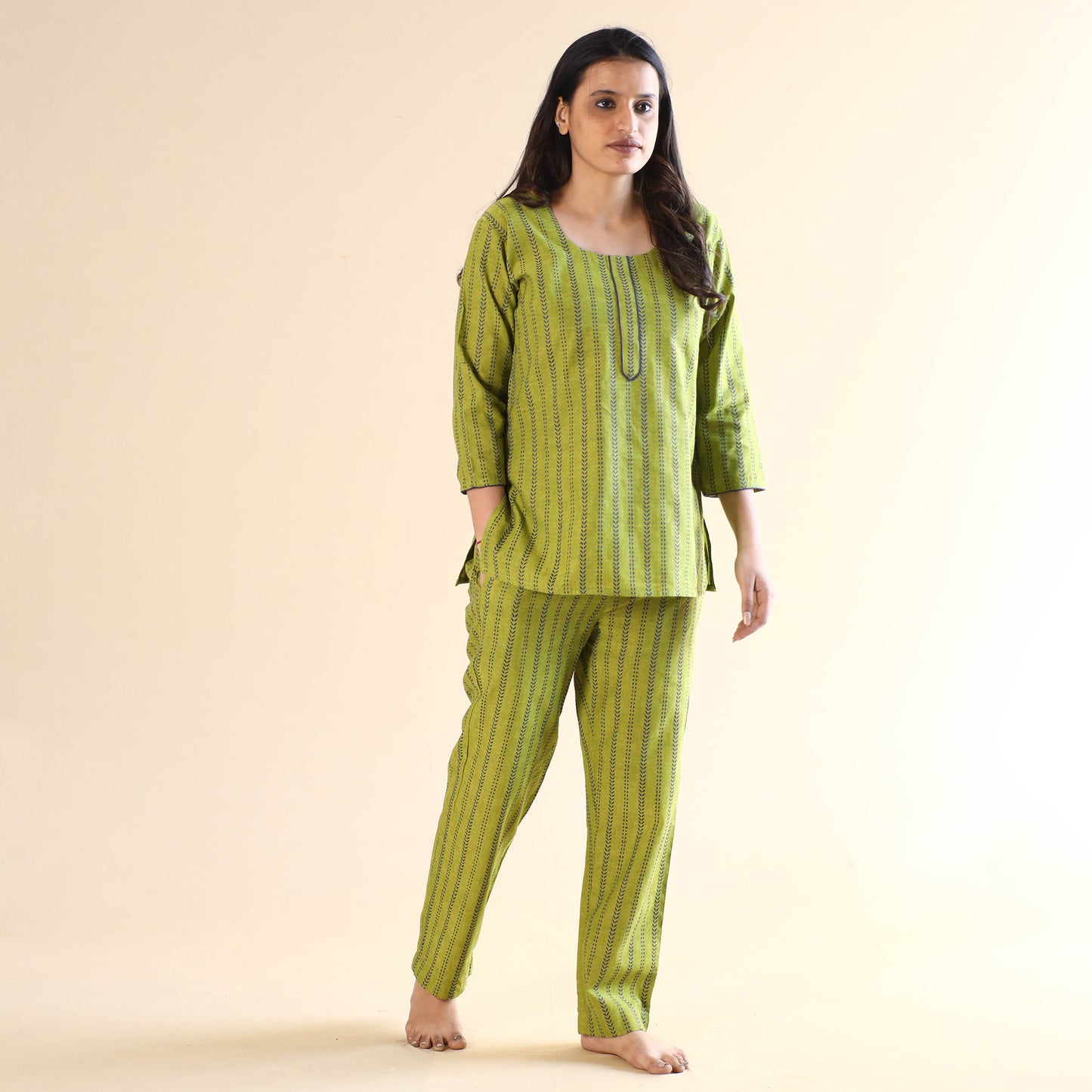 Yellow Green Jacquard Cotton Top & Pyjama Night Suit Set