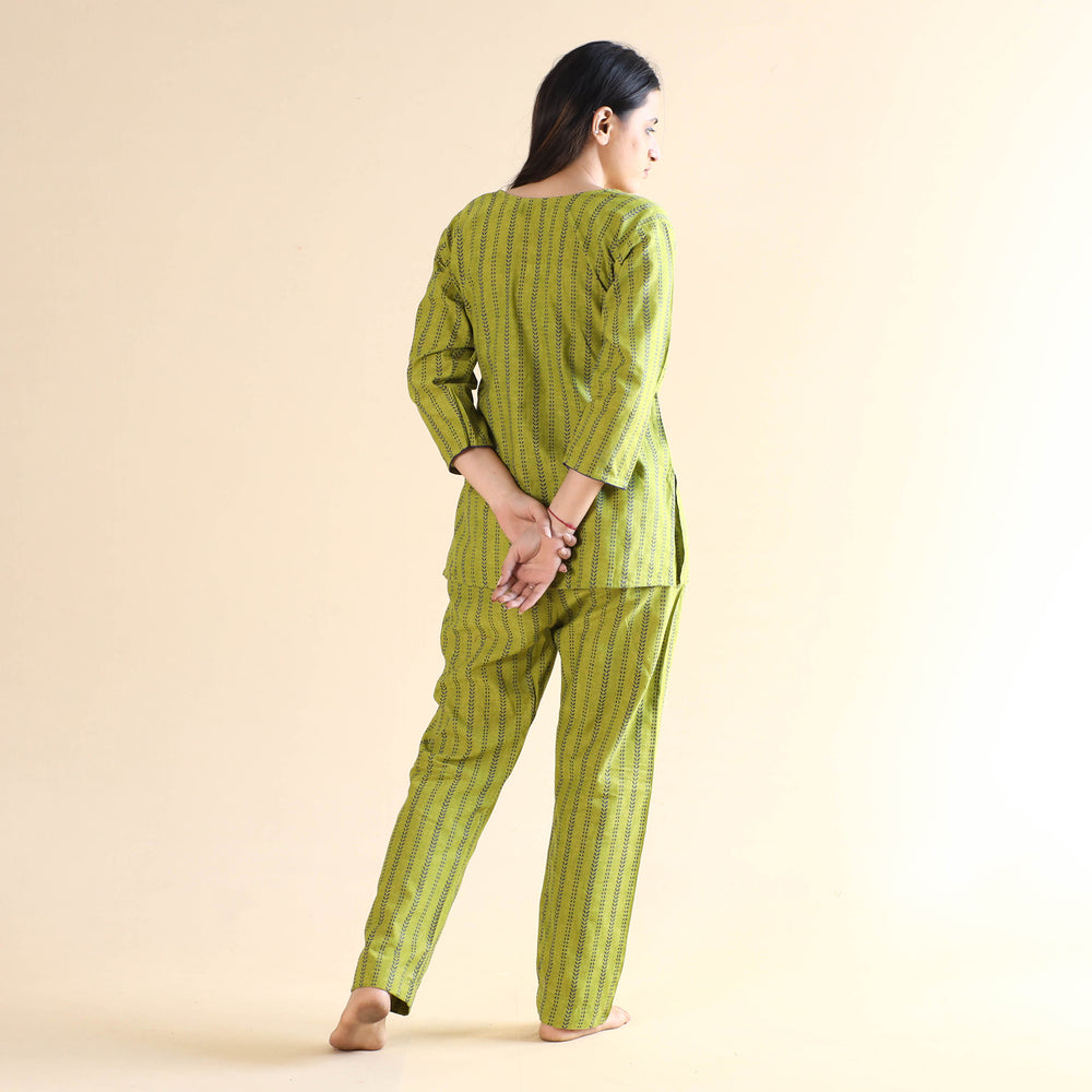 Green - Jacquard Cotton Top & Pyjama Night Suit Set