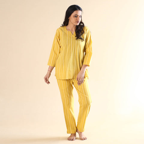 Yellow Jacquard Cotton Top & Pyjama Night Suit Set