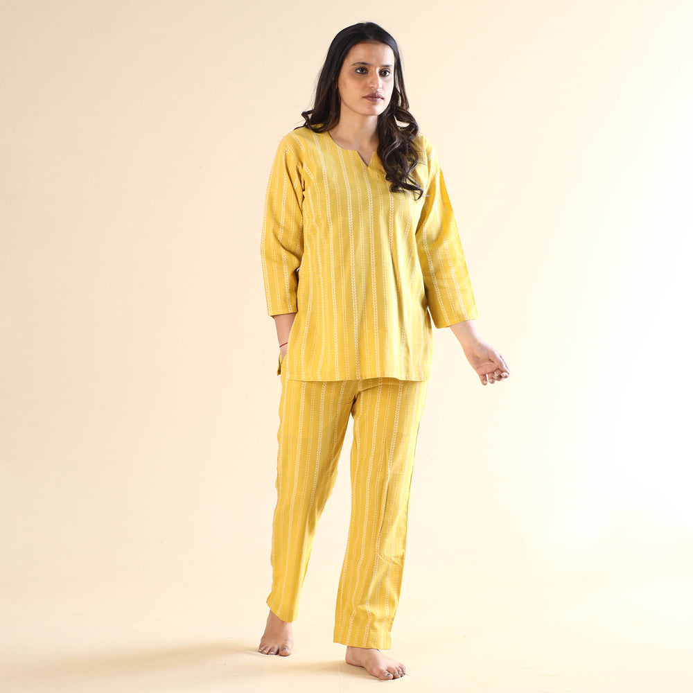 Yellow Jacquard Cotton Top & Pyjama Night Suit Set