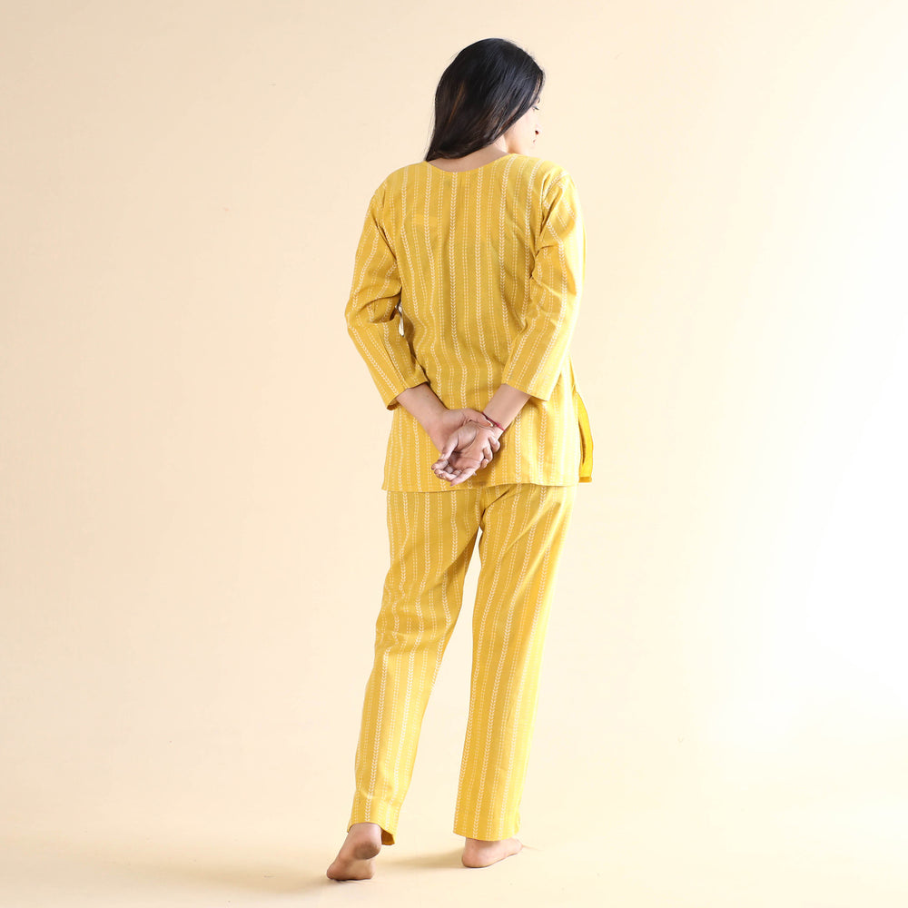 Yellow Jacquard Cotton Top & Pyjama Night Suit Set