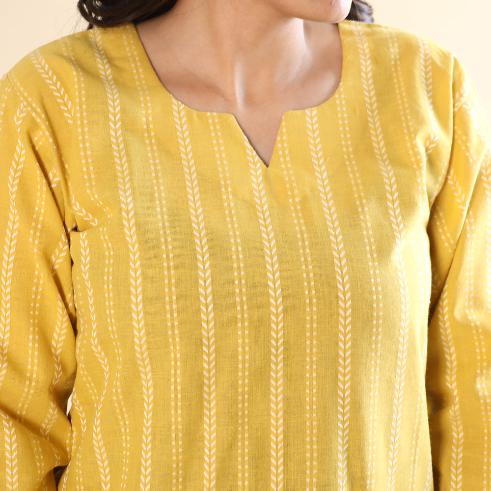 Yellow Jacquard Cotton Top & Pyjama Night Suit Set