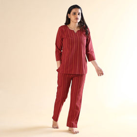 Red jacquard cotton top & pyjama night suit set