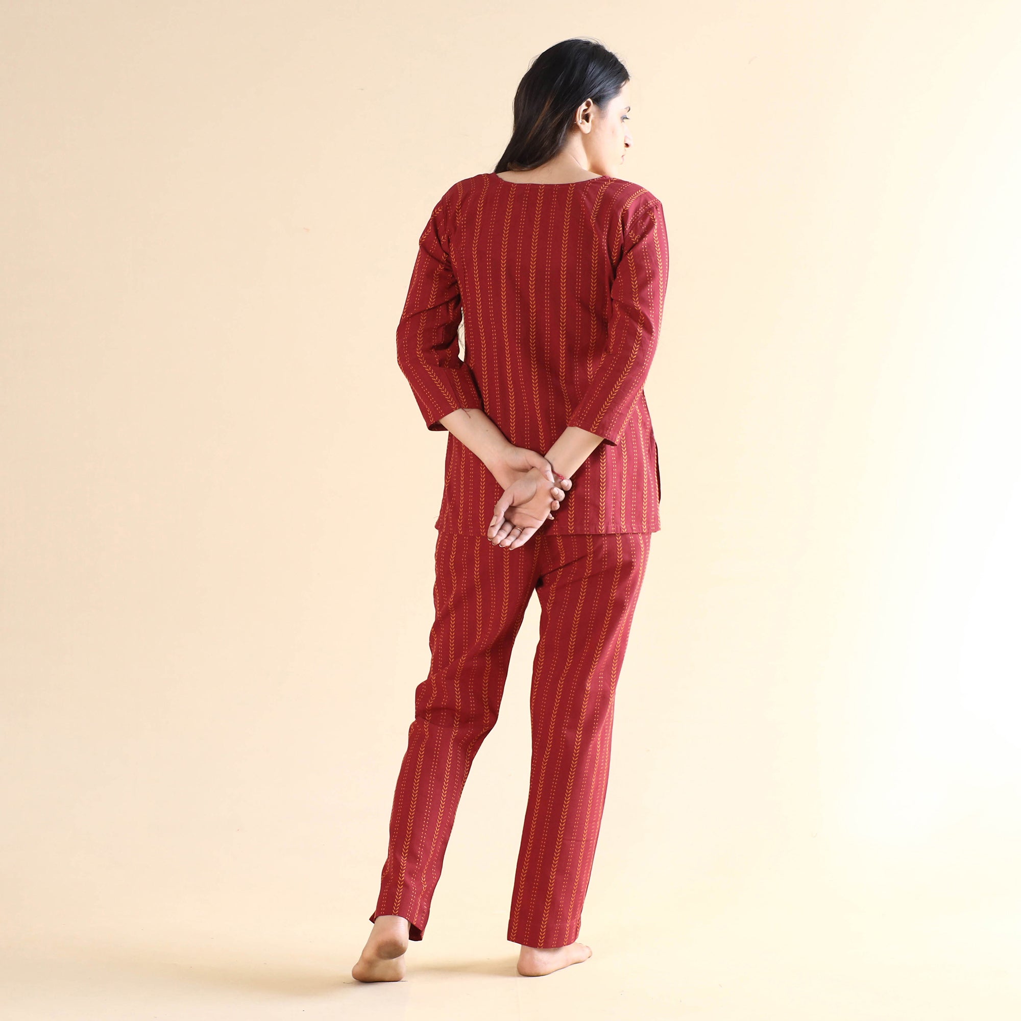 Red jacquard cotton top & pyjama night suit set
