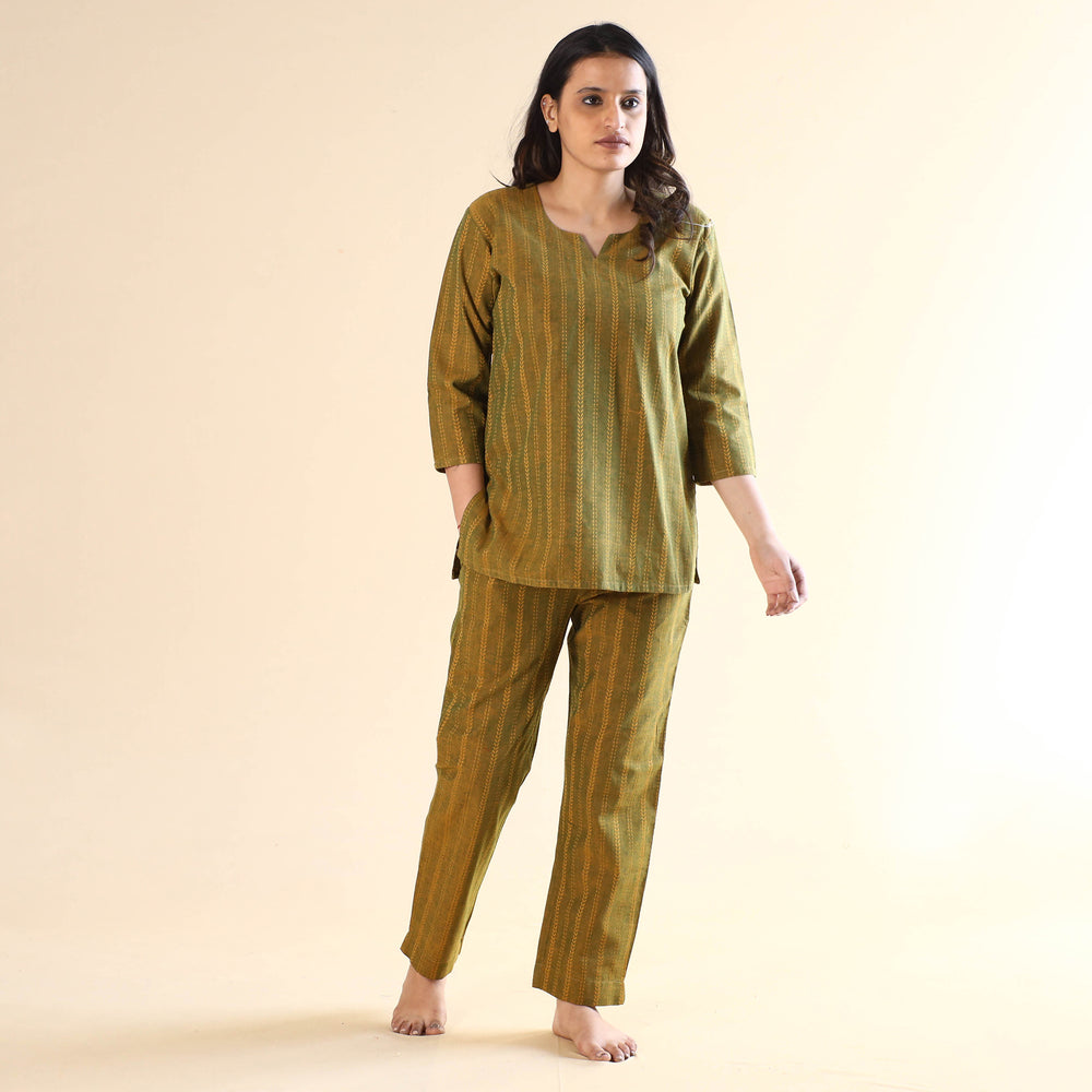 Green - Jacquard Cotton Top & Pyjama Night Suit Set