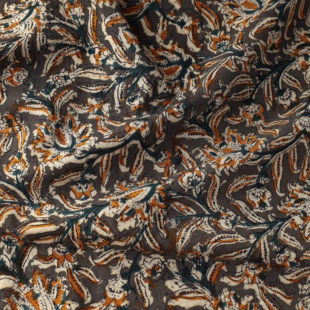 Grey - Kalamkari Block Printing Natural Dyed Cotton Fabric