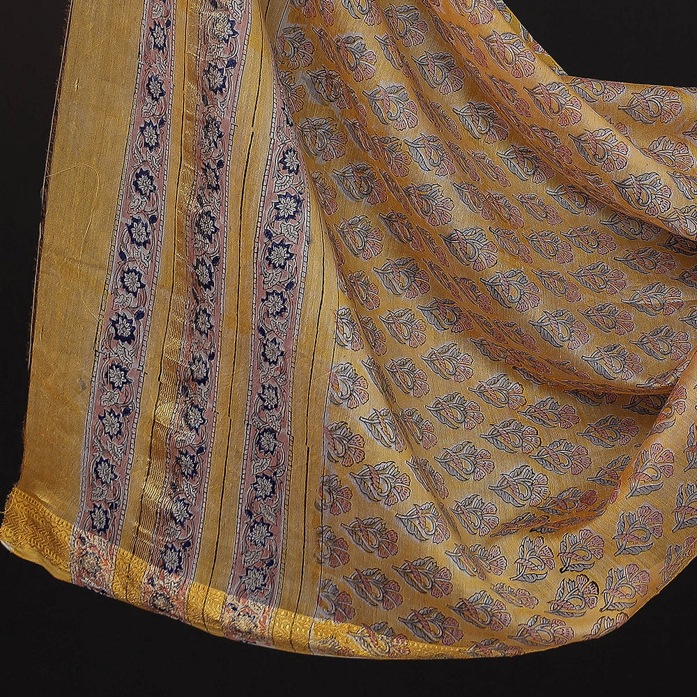 Orange - 3pc Sanganeri Block Printed Maheshwari Silk Suit Material Set