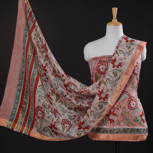 Pink - 3pc Sanganeri Block Printed Maheshwari Silk Suit Material Set