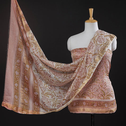 Peach - 3pc Sanganeri Block Printed Maheshwari Silk Suit Material Set