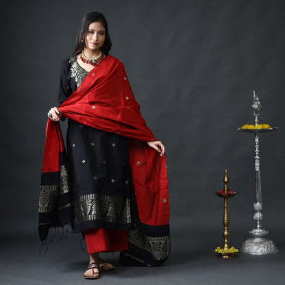 Black & Red Phulia Jamdani Silk Kurta with Palazzo & Dupatta Set