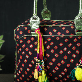 Black Jaipur Multicolour Printed Cotton Handbag with Tassels