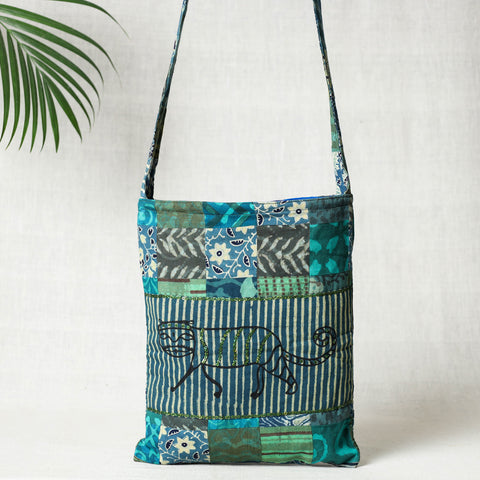 Blue Hand Block Print Patchwork Cotton Sling Bag