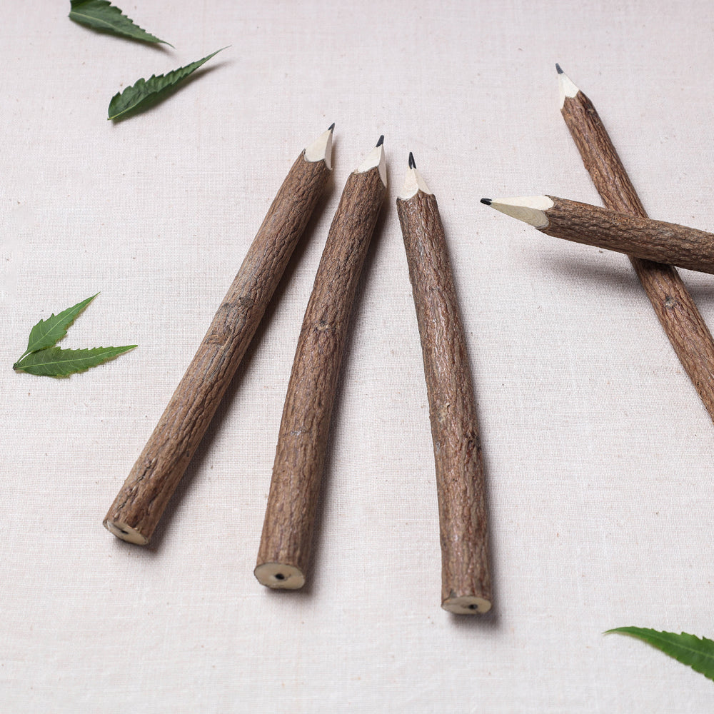 Hand Carved Natural Neem Wood Pencil (Set of 5)