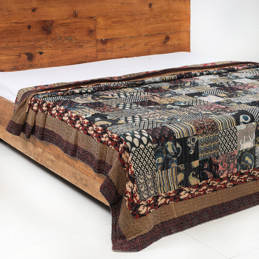 Reversible Ajrakh Print Patch & Tagai Work Cotton Quilt / Gudri / Blanket (108 x 90 in)