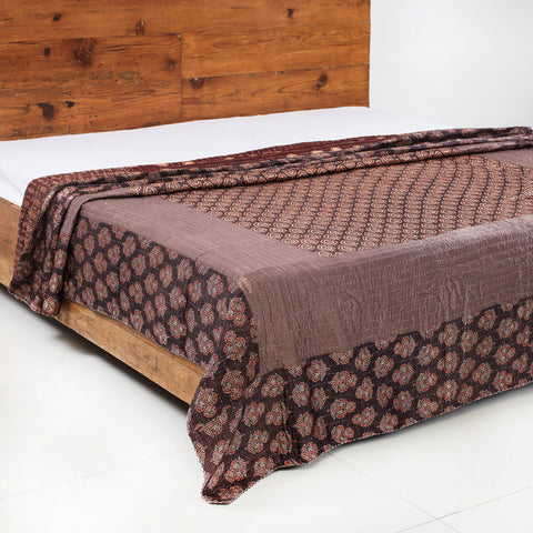 Brown - Reversible Kutch Tagai Embroidered Mashru Silk Double Bed Cover / Quilt (110 x 87 in)