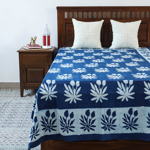 Blue - Bindaas Block Art Prints Natural Dyed Single Bedcover in Pure Cotton (93 x 60 in)