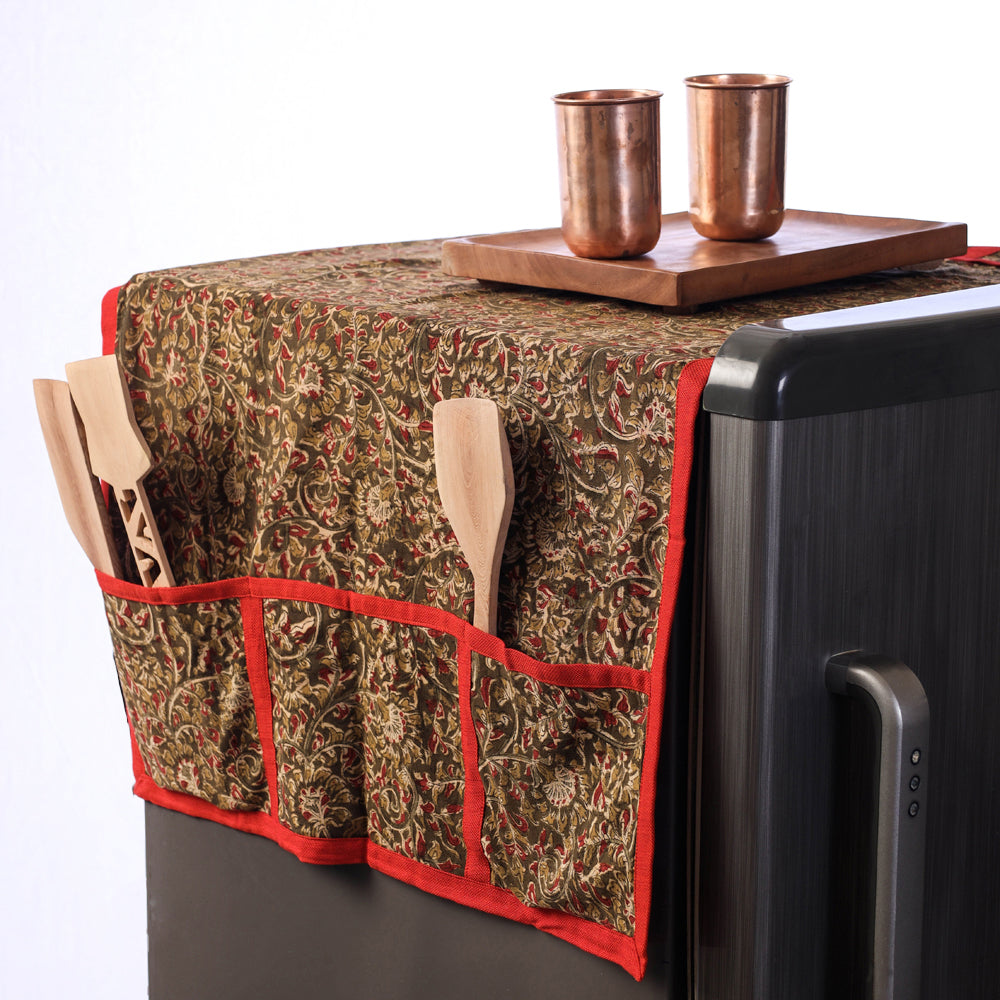 Hand Block Printing Cotton Fridge Top Cover with Multiple Pockets