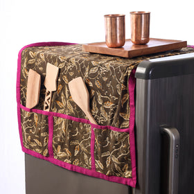 Brown Bagru Block Printing Cotton Fridge Top Cover with Multiple Pockets
