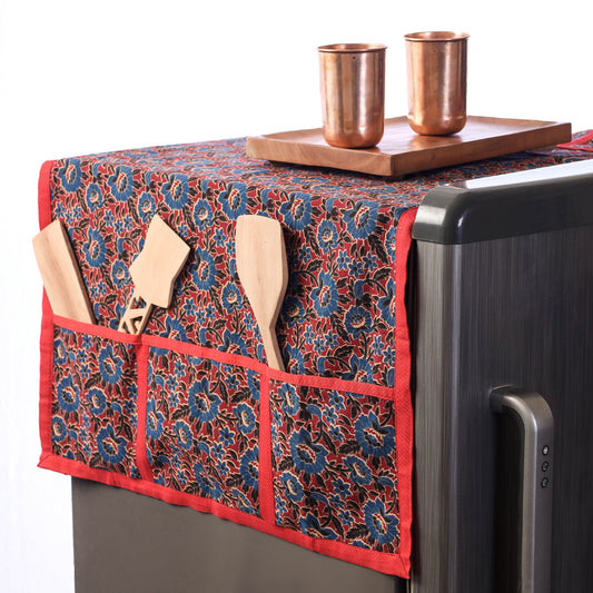 Hand Block Print Cotton Fridge Top Cover with Multiple Pockets