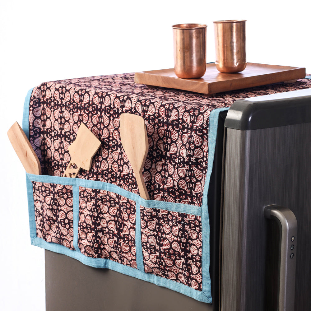 Hand Block Printing Cotton Fridge Top Cover with Multiple Pockets