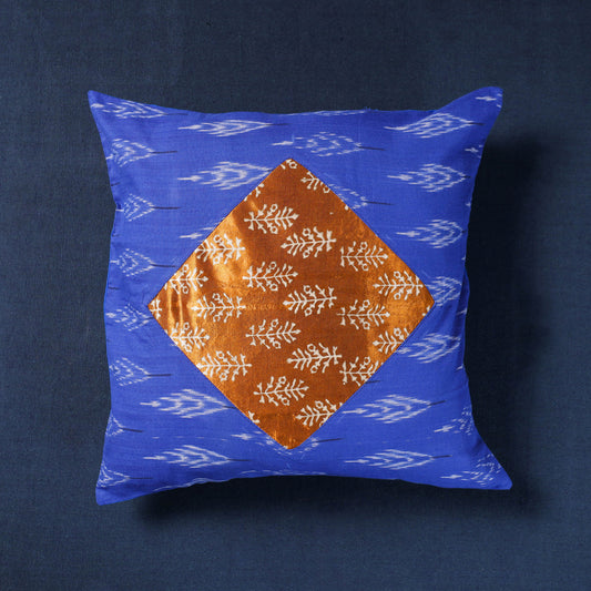 Blue - Noori Ikat Cotton With Modal Silk Block Print Cushion Cover (16 x 16 inches)