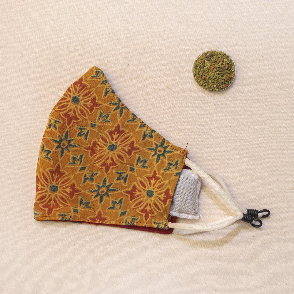 Set of 3 - Assorted Ajrakh Printed Herb Pocket Cotton Snug Fit Face Cover (3 Layer)