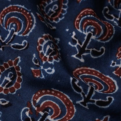 Blue - Red Floral Motifs Ajrakh Hand Block Printed Natural Dyed Cotton Fabric