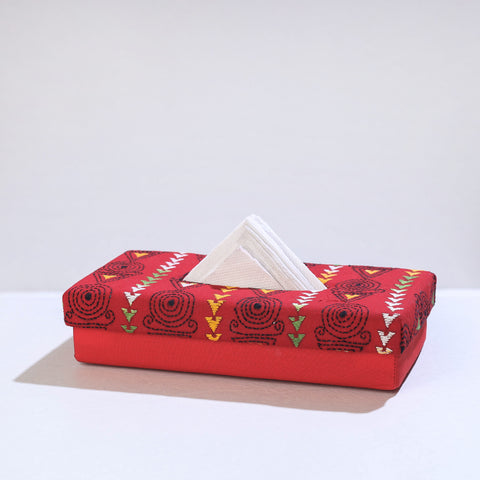 Red Handcrafted Bengal Kantha Work Tissue Box 