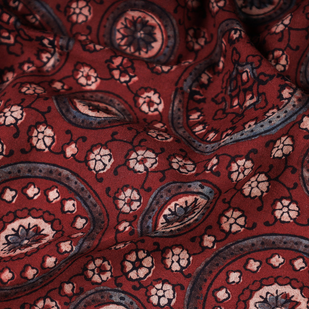Turkey Red Flowered-Circles Ajrakh Hand Block Printed Natural Dyed Cotton Fabric