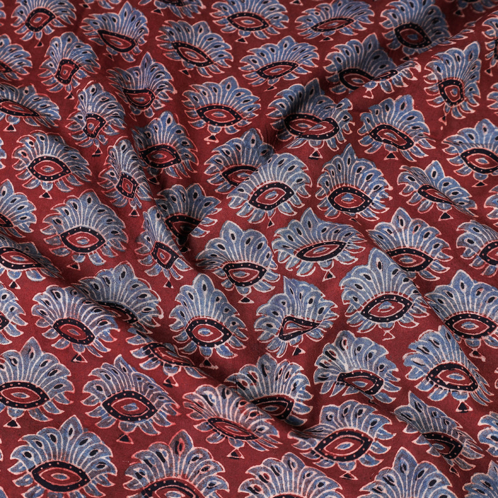 Red - Dazzling Blue Florals Ajrakh Hand Block Printed Natural Dyed Cotton Fabric