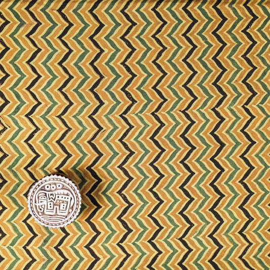 Yellow - Green & Black Chevrons Ajrakh Hand Block Printed Natural Dyed Cotton Fabric