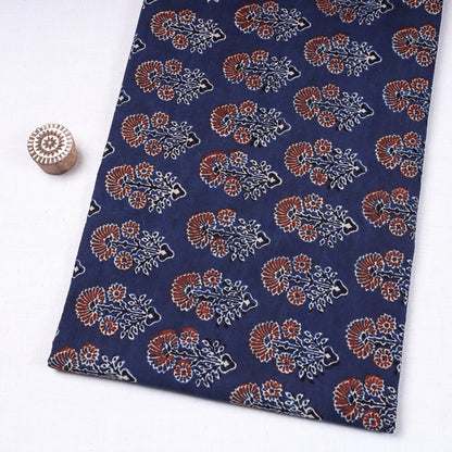 Dahlia Floral Blue Ajrakh Natural Dyed Hand Block Prints Cotton Fabric