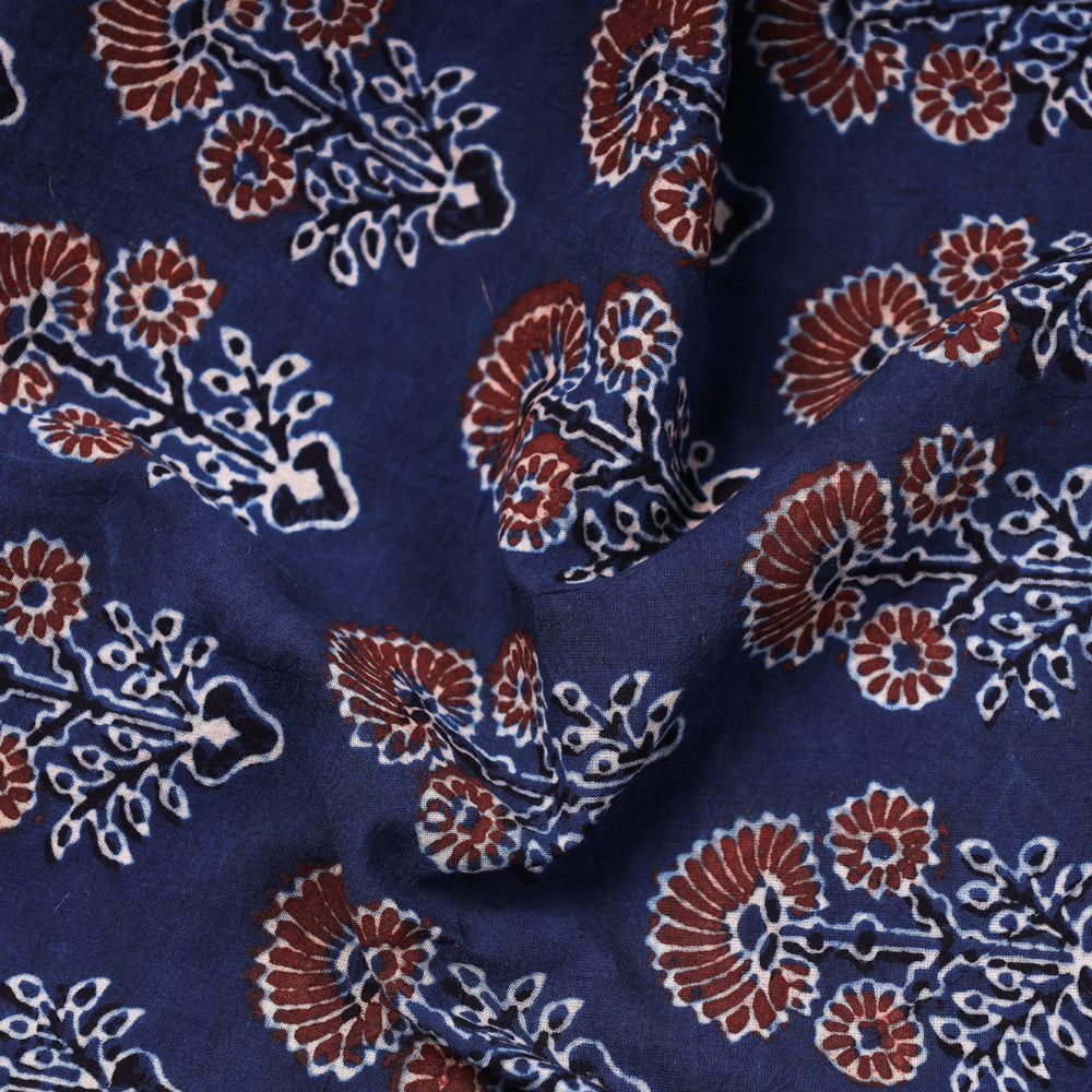 Dahlia Floral Blue Ajrakh Natural Dyed Hand Block Prints Cotton Fabric