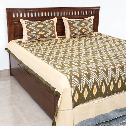 Green - Pochampally Ikat Weave Cotton Double Bedcover with Pillow Covers (105 x 88 in)