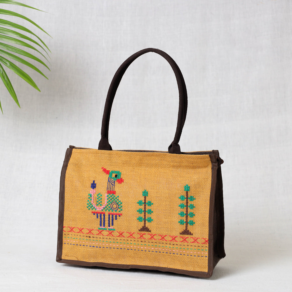 Tribal Hand Embroidered Jute Multipurpose Hand Bag/Lunch Bag