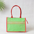 Green Tribal Hand Embroidered Jute Multipurpose Hand Bag/Lunch Bag