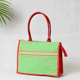 Green Tribal Hand Embroidered Jute Multipurpose Hand Bag/Lunch Bag