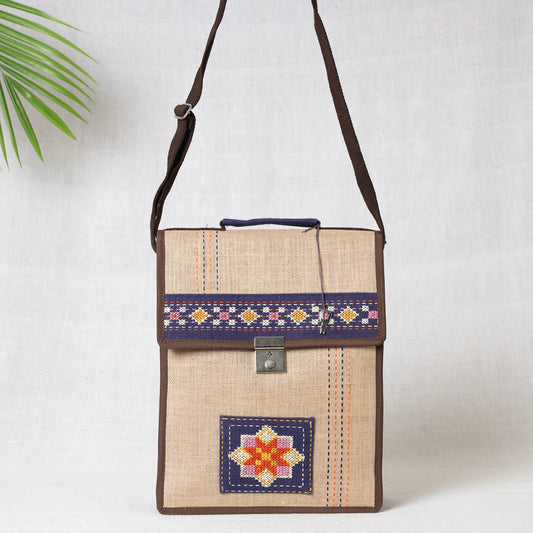 Beige - Tribal Hand Embroidered Jute Office Sling Bag