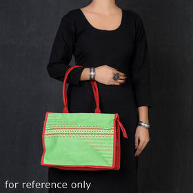 Green Tribal Hand Embroidered Jute Multipurpose Hand Bag/Lunch Bag