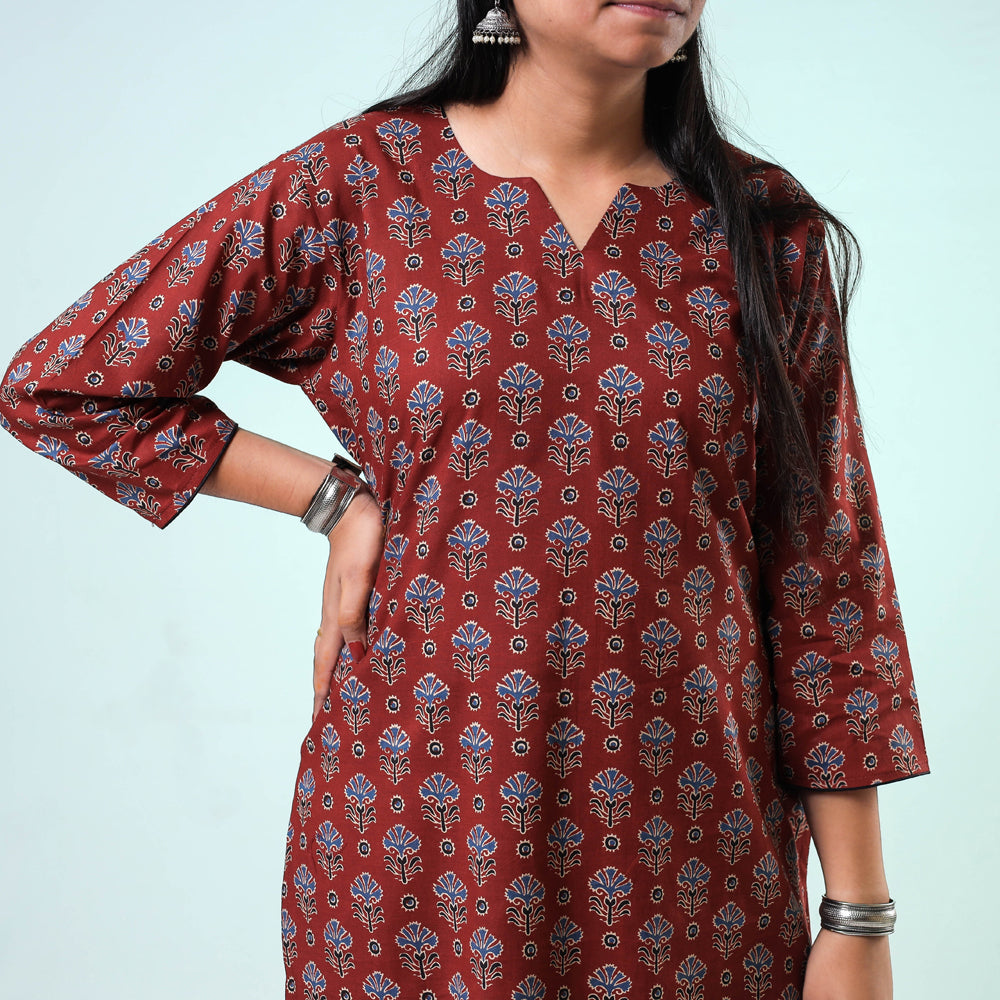 Red - Sanganeri Hand Block Printed Cotton Long Straight Kurta